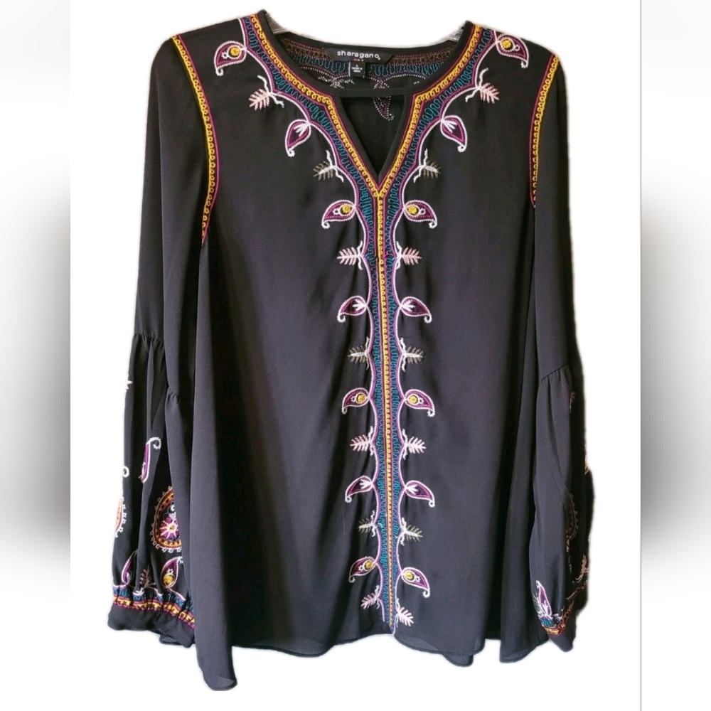 Women's Peasant Blouse Large Black Paisley Embroidery Long Sleeve Boho